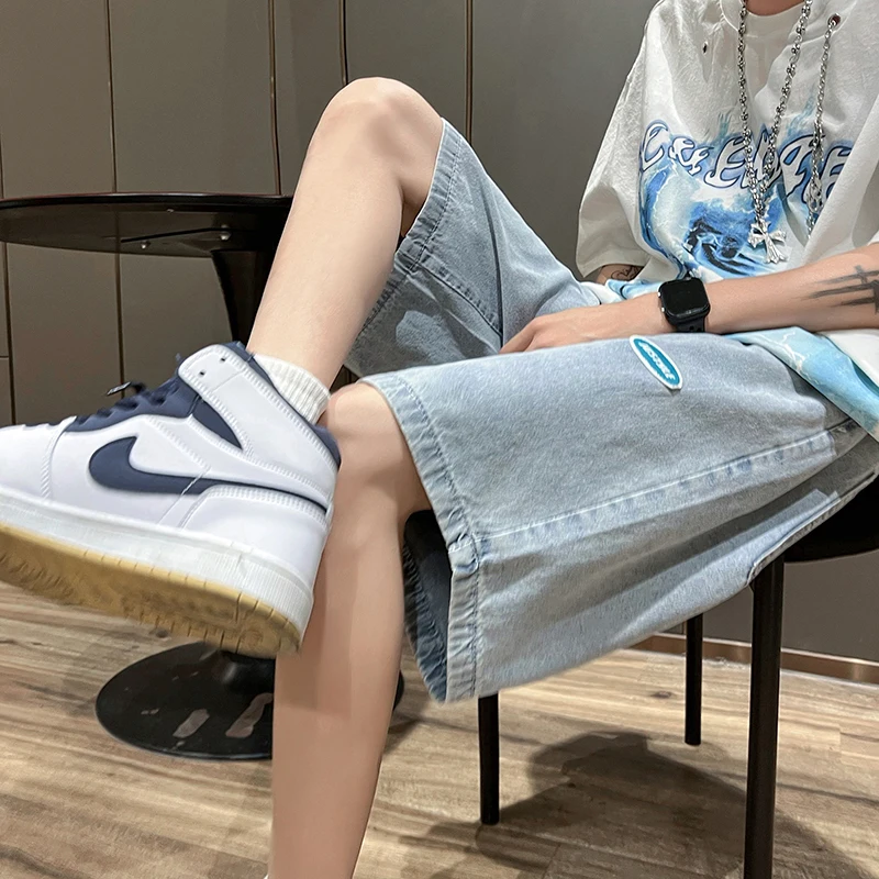 Realios foto džinsinio šortai vyriški 2022 m. vasarą plonas mados atsitiktinis 5-point kelnes prarasti tiesiai mados prekės ženklas 