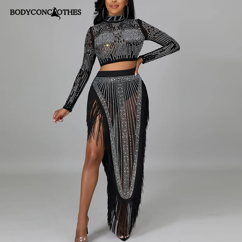 Bodyconclothes 2021 Naujas Kostiumas Diamond Suknelė Karšto Gręžimo Tinka Mados Naktinis Klubas Stiliaus Pusėje Didelės Šakutės Karšto Gręžimo Kutas Dviejų Dalių Komplektas