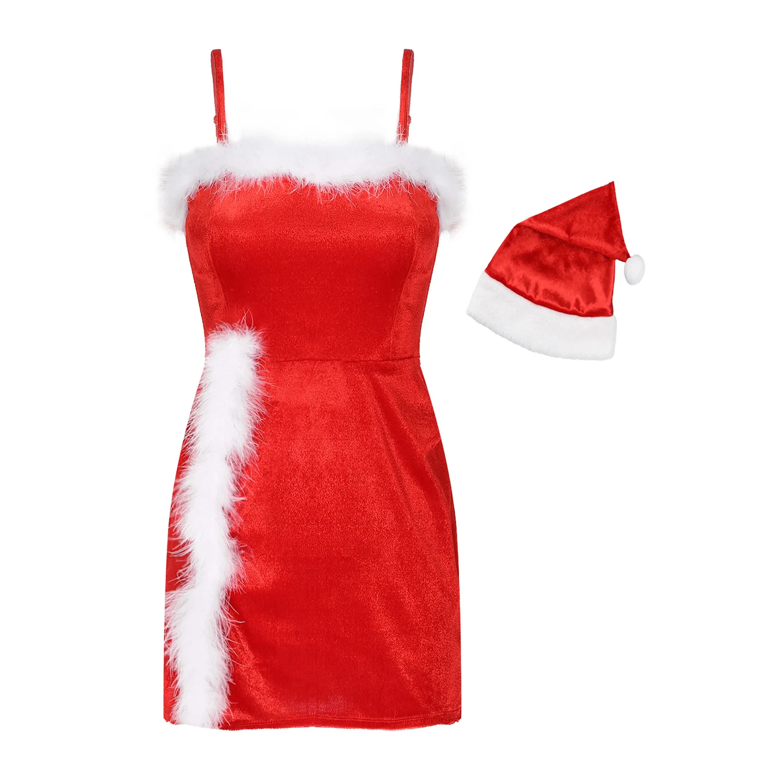 Moterų Aksomo Kalėdų Komplektus Ponios Plunksnų Apipjaustymas Reguliuojami Dirželiai Side Ritininės Suknelė su Skrybėle Vaidmuo Žaisti Kostiumas