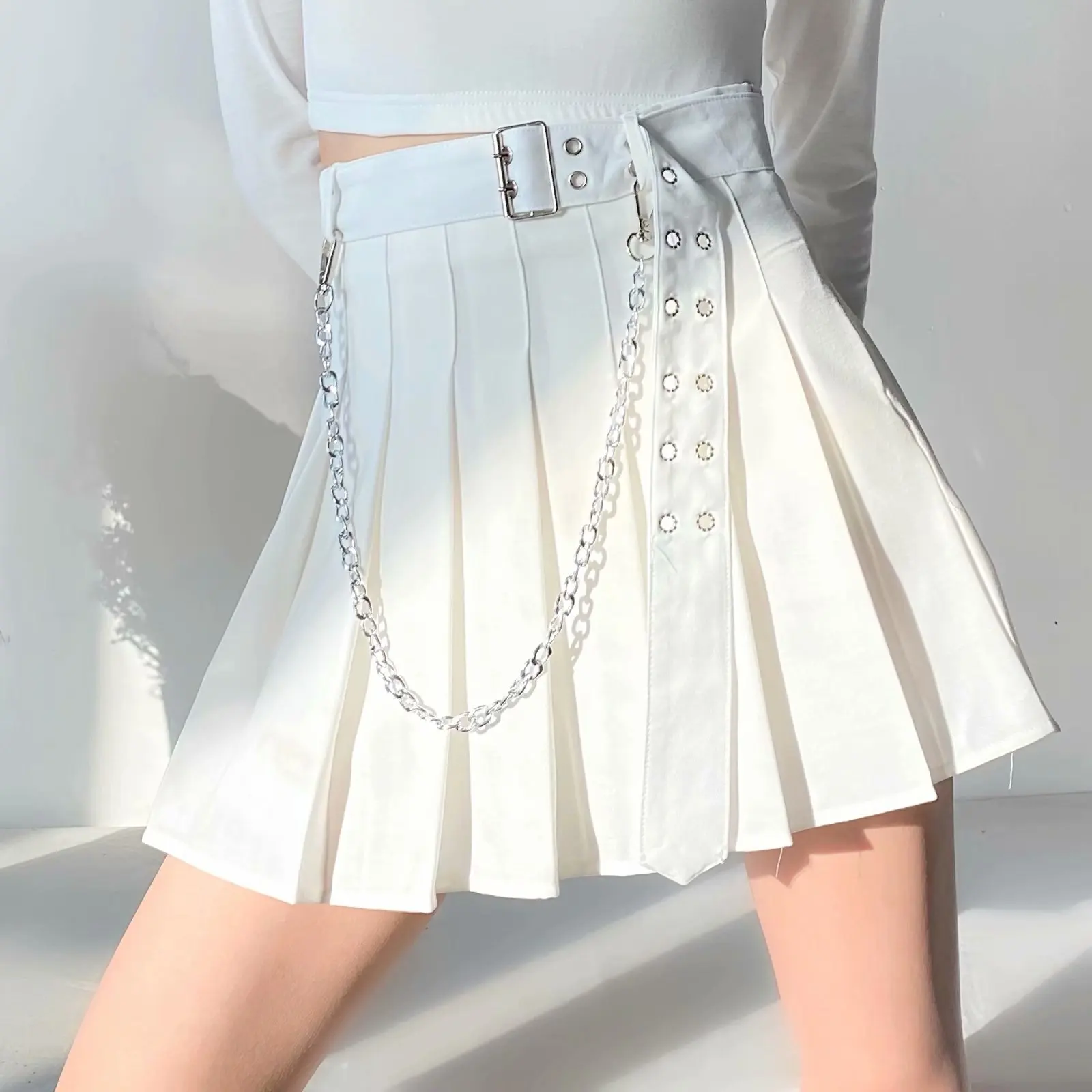 Vasaros Moterų Sijonai Aukšto Juosmens Blet Kietas JK Sijonas Plisuotas-Line Mini Sijonai Kietas Stilius Grandinės Užtrauktukas Sijonas Femme Streetwear