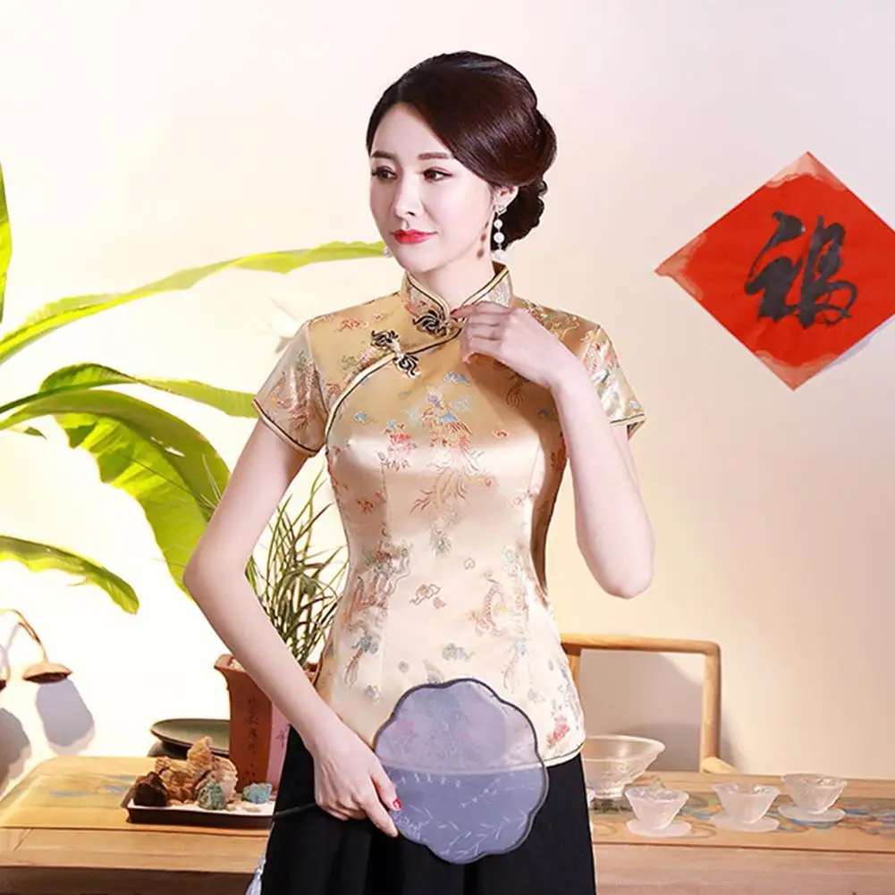 Moterų Kinijos Trumpas Rankovės Stovėti Apykaklės Dragon Phoenix Spausdinti Etninės Palaidinė Marškinėliai
