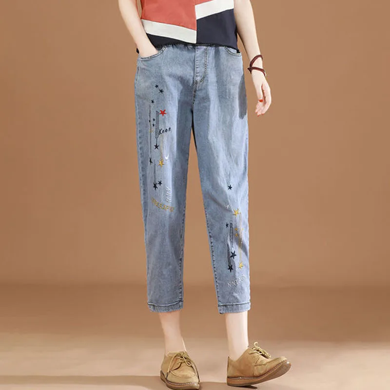 Streetwear Lady Džinsai Vasaros Plonas Korėjos Mados Siuvinėjimo Aukšto Juosmens Haremo Kelnės Baggy Atsitiktinis Kulkšnies Ilgio Kelnės Moterims