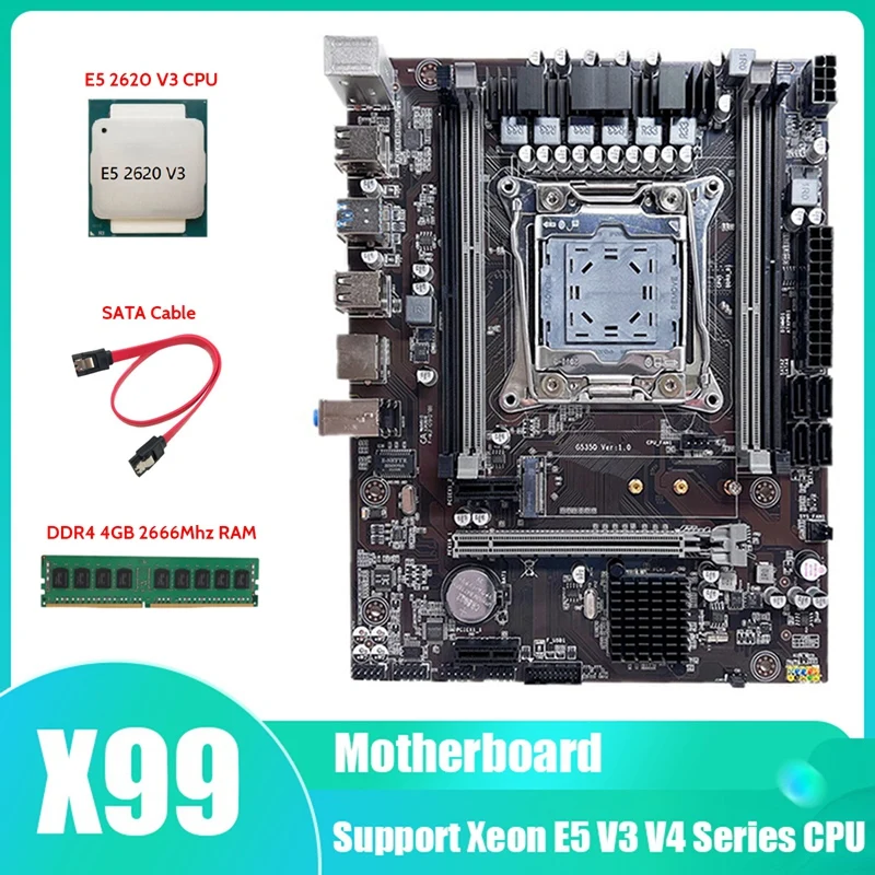 HOT-X99 Plokštė LGA2011-3 Kompiuterio Plokštę Paramos DDR4 RAM Su E5 2620 V3 CPU+DDR4 4GB 2666Mhz RAM+SATA Kabelis