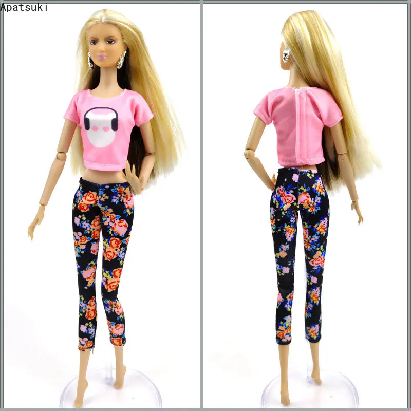Rožinis Mados Drabužių Rinkinys Barbie Lėlės Aprangą, 1/6 Lėlės Priedai T-shirt Viršuje Gėlių Kelnės Kelnės Žaislai Vaikams