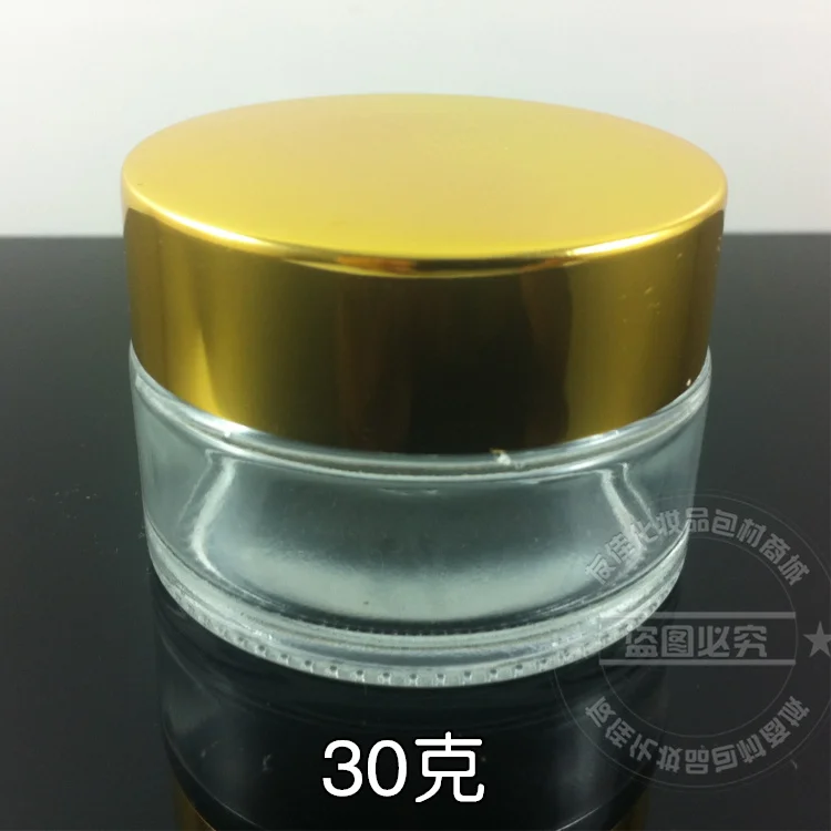 30pcs tuščias 30g skaidraus stiklo grietinėlės indelį su blizga aukso aliuminio dangteliu, 30 g kosmetikos jar paakių kremas,30 g kosmetikos stiklo butelis
