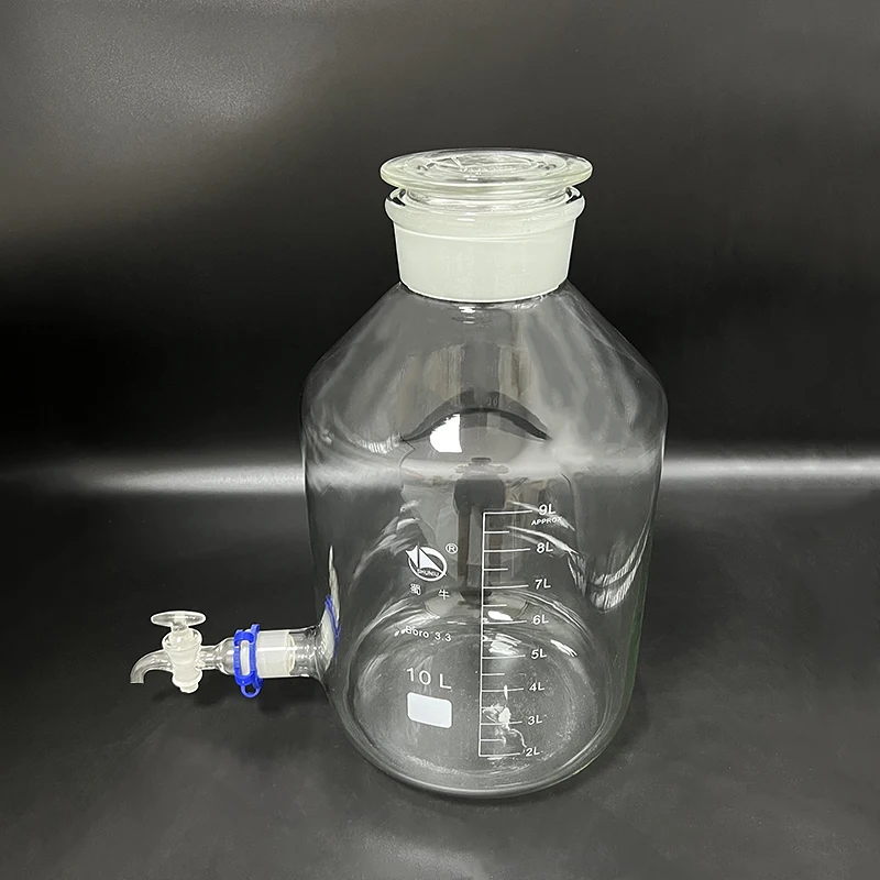 SHUNIU Laboratorija aspirator butelis 10000mL,Plačią burną,Aišku, pažymėti ženklais,Su matinio stiklo kamščiu ir čiaupas