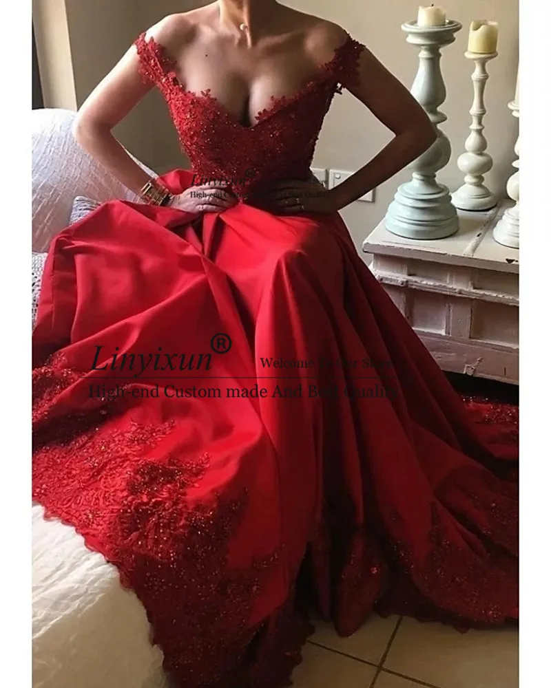 Vintage Red Prom Dresses Off Peties Ilgos Satino su Duobute China Appliques Oficialią Vakaro Šalis, Chalatai Ilgai vestidos de festa