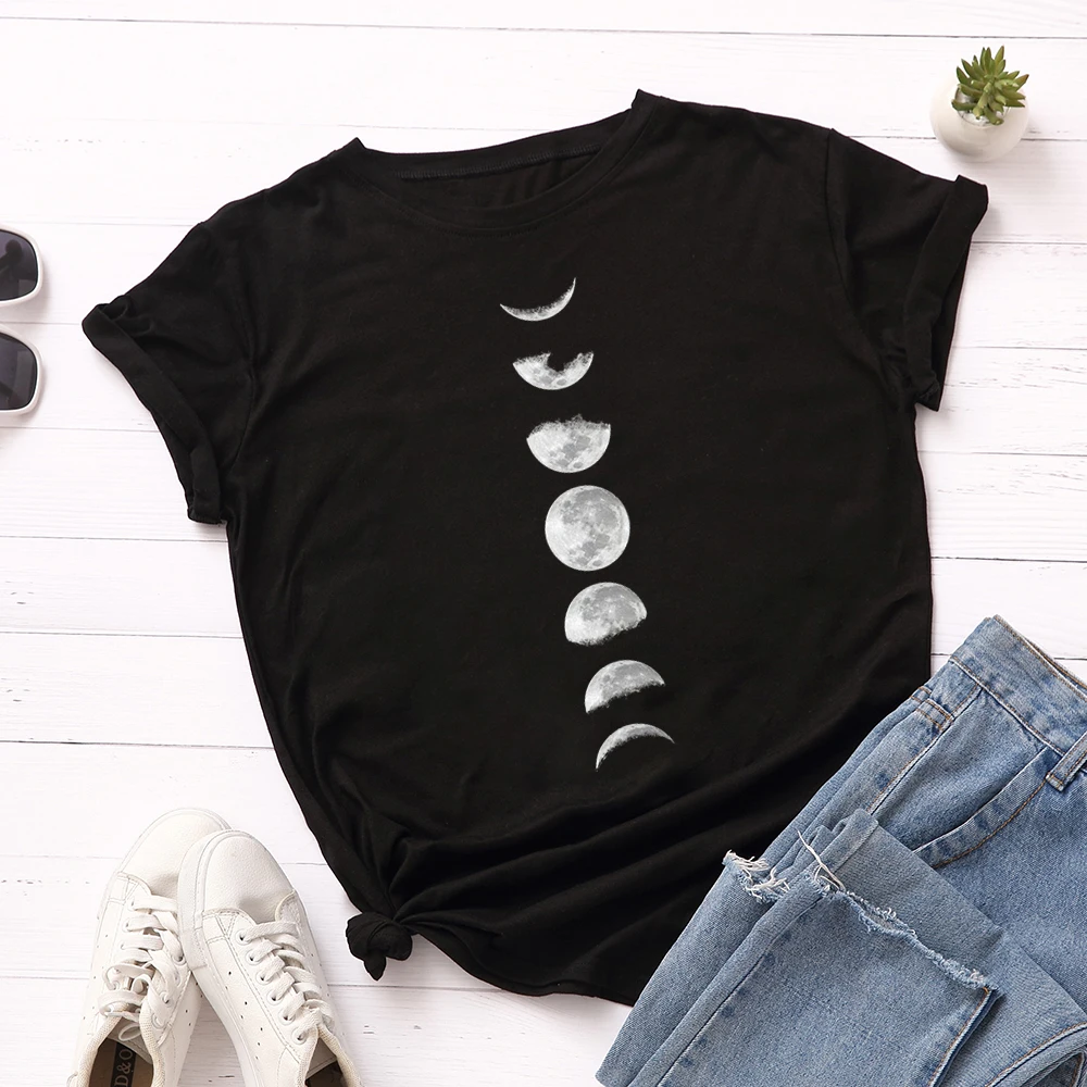 Mėnulio Fazė Planetos Moterų Spausdinti Marškinėliai Trumpomis Rankovėmis Marškinėliai Vasaros Marškinėliai Topai Atsitiktinis Marškinėliai Eclipse Grafinis Viršūnes Tees