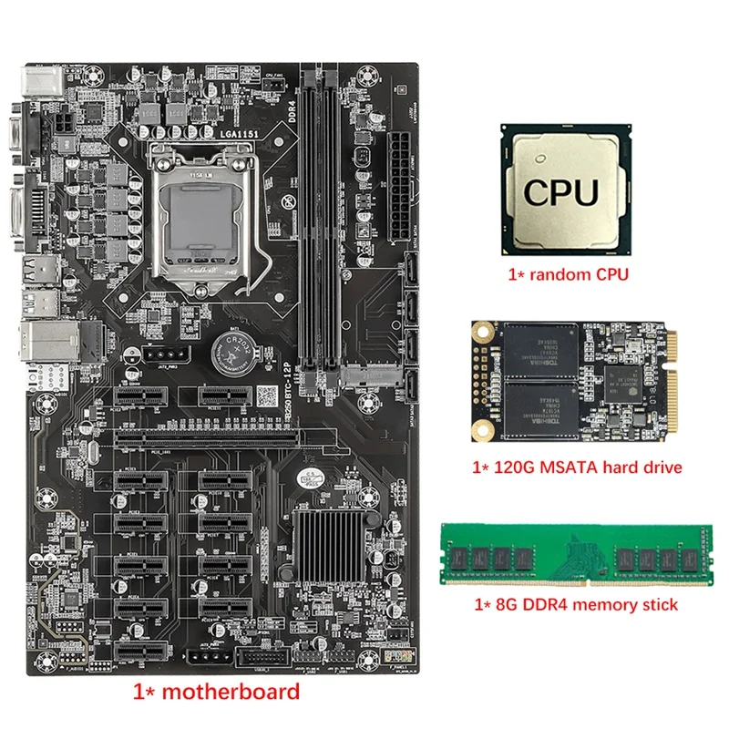 B250 12 PCIE Kasybos Plokštė Su Atsitiktinių CPU+120G MSATA SSD+DDR4 8G RAM LGA1151 DDR4 SODIMM SATA3 USB3.0 VGA BTC
