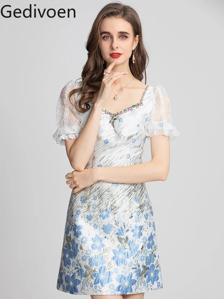 Gedivoen Mados Dizaineris suknelė Vasaros Moterų Suknelė Aikštėje apykaklės Prabangus Diamond granulių Gėlių Spausdinti Atostogų Elegantiškas Suknelės