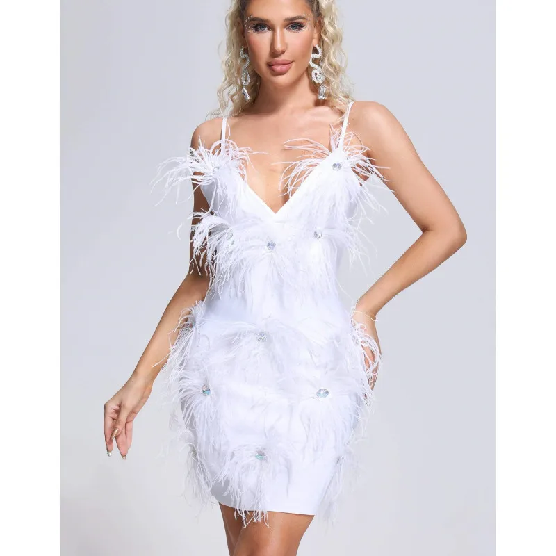 2022 Seksualus Tvarstis Suknelė Viskozė Elegantiška Balta Thinshoulder Dirželis V Camisole Mados Deimantų Apdaila Mini Vakare Šalis Suknelė