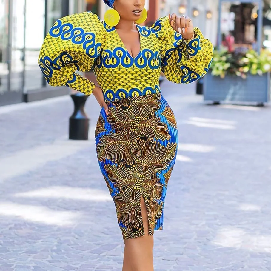 Afrikos Suknelės Moterims 2021 Naujas Mados Spausdinti Rudens Žiemos Žibintų Rankovėmis V-Kaklo Bodycon High Waisted Elegantiška Suknelė Midi