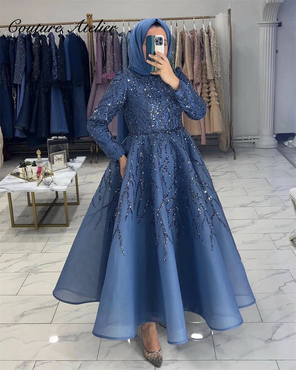 Tamsiai Mėlynos Spalvos Prabanga Musulmonų Vakare Chalatai Kulkšnies Ilgio Elegantiškas Oficialus Suknelės Ilgomis Rankovėmis Šalis Suknelė Linijos Arabų Dubajus
