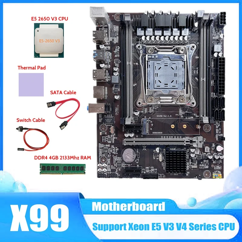 X99 Plokštė LGA2011-3 Kompiuterio Plokštę+E5 2650 V3 CPU+DDR4 4G 2133 Mhz RAM+SATA Kabelis+Switch Kabelis+Šilumos Padas