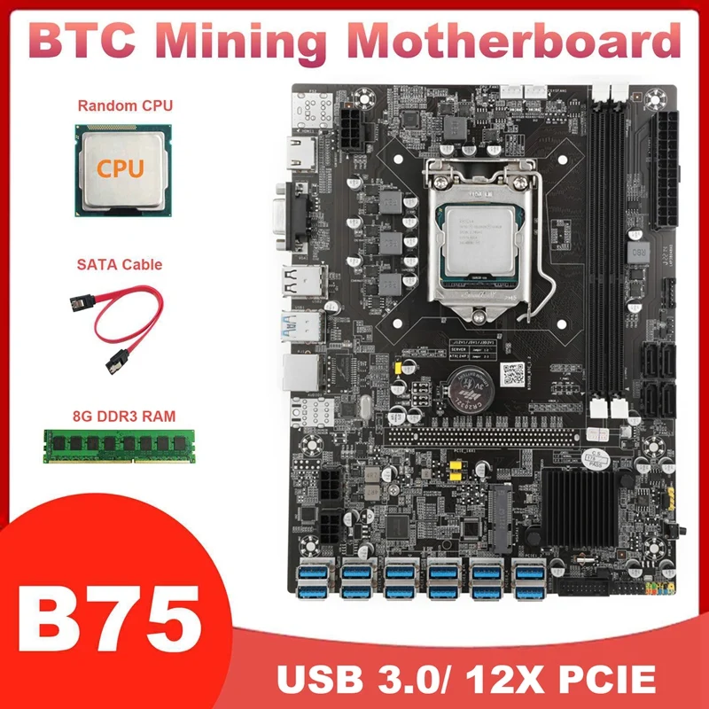 B75 12XPCIE 1X Su USB3.0 LGA1155 DDR3 BTC Kasybos Plokštė Su Atsitiktinių CPU+8G DDR3 RAM+SATA Kabelis MSATA ETH Miner