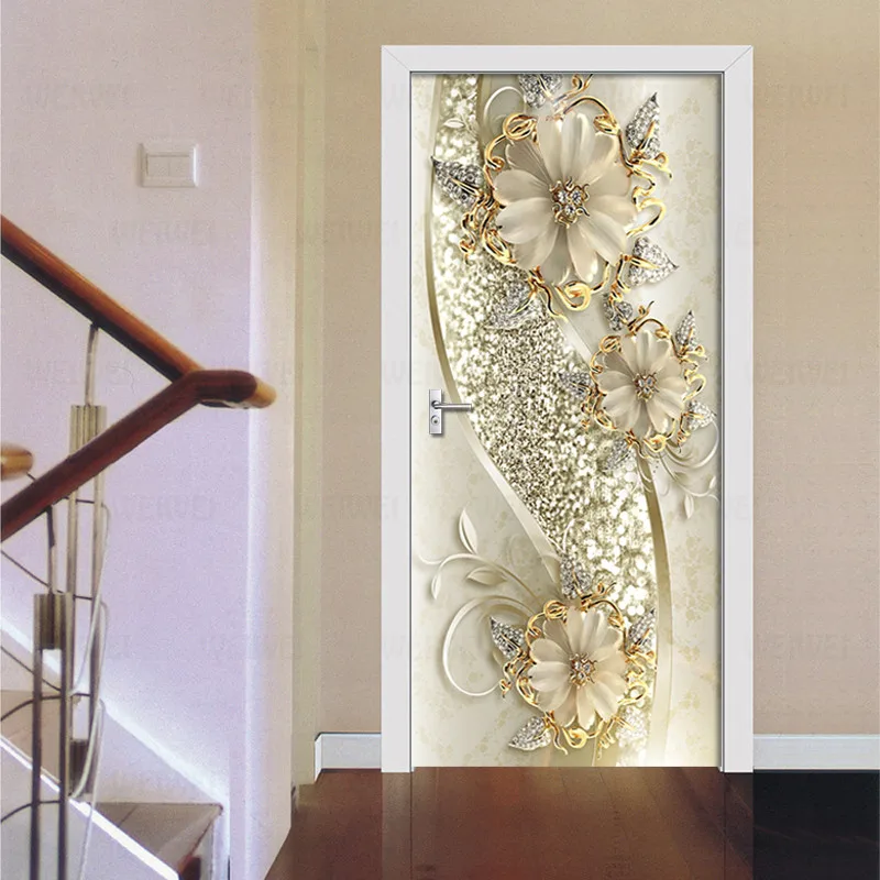 3D Durų Lipdukas Aukso Įspaustu Gėlių Sienos Freskos Meno Tapetai Plakatas Durų Lipdukas PVC Lipni Nuimamas Namų Durų Decal