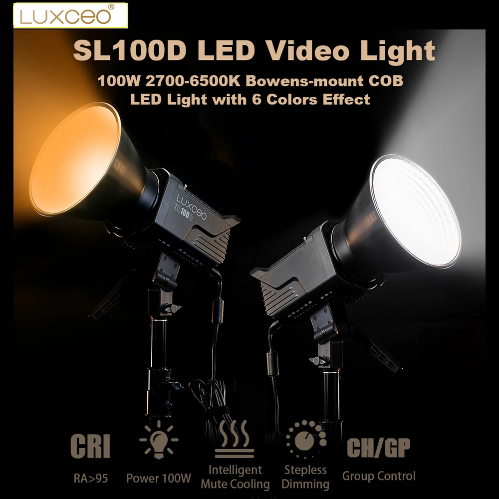 LUXCEO SL100D 100W Bi-Color 2700-6500K Reguliuojamas Bowens Mount LED Vaizdo Šviesos CRI95+ TLCI96+ 6 Šviesos Efektai, garso Išjungimo Ventiliatorius