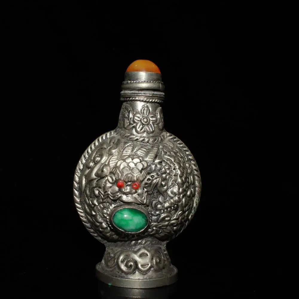 Antikvarinis Senas QingDynasty drožyba sidabras&Emerald uosti butelis, rankų amatų,geriausia kolekcija ir puošmena,nemokamas pristatymas