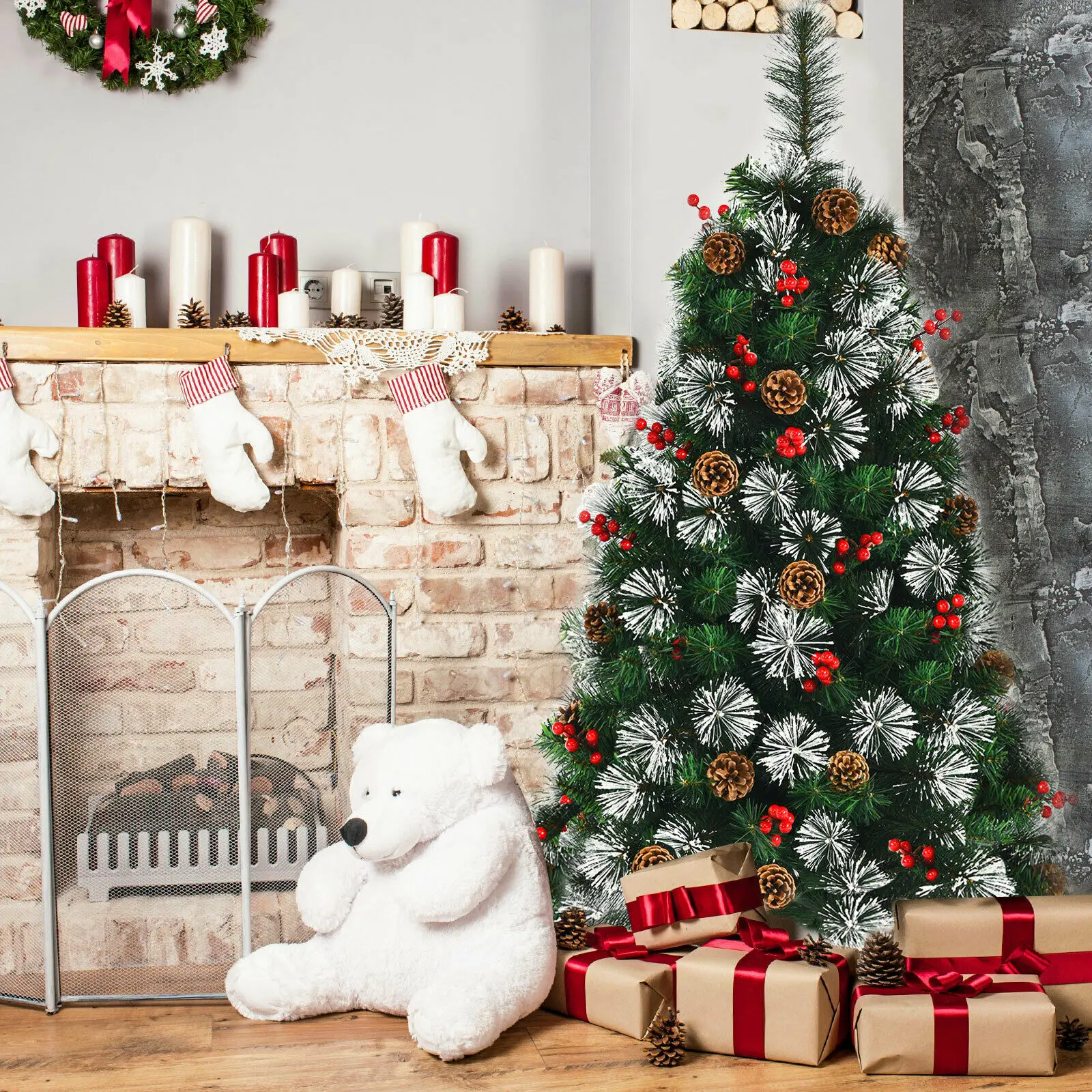 122cm Kalėdos Dirbtinės Kalėdų Eglutės su Pušies Kankorėžių ir Raudonos Uogos Papuošalai Snieguotas Kalėdų Eglutė Stabilus Metalinis Stovas MUS