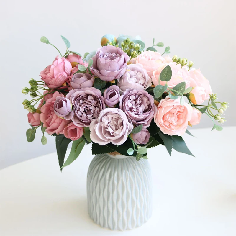 35cm Rose Pink Silk Puokštę Bijūnų Dirbtinių Rožių Žiedai 9 Didelių Galvų Netikrą Gėlių Namų, Sodo Puošmena Vestuves Dekoras