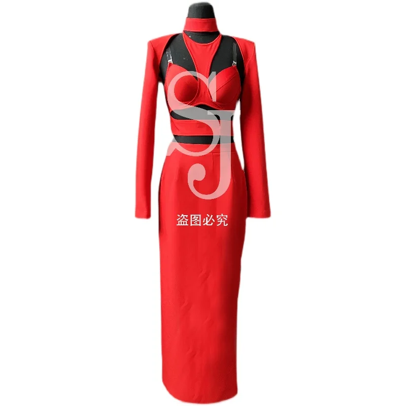 Pritaikyti Ilgai šalies vakarinę suknelę Moteris dainininkas raudona suknelė juosta verslo veiklos priimančiosios suknelė