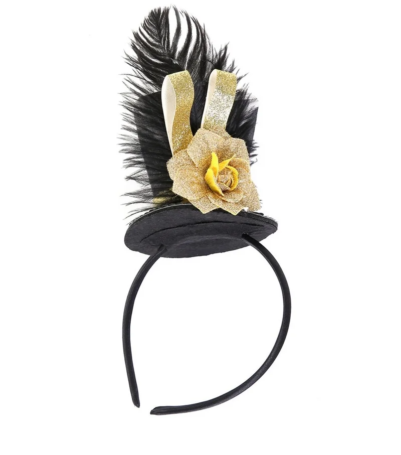 Moterų, Vaikų, Plunksnų Gėlių Black Top Hat Lankelis Mini Blizgančiais Fascinator Dress Up Plaukų Kostiumų Priedai