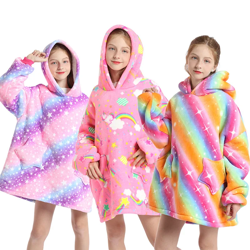 Negabaritinių Hoodie Palaidinukė Žiemos Vaikų Mergaičių Nešiojami Antklodė Sherpa Vilnos Pliušinis Šiltas Sleepwear Bliuzono Antklodė Height120-160cm