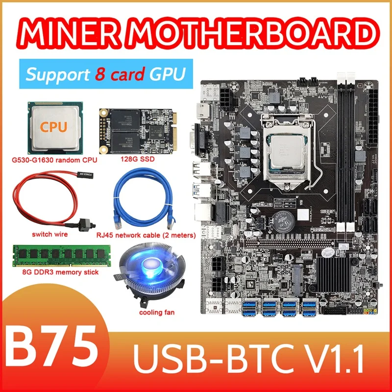 B75 8 Kortelės BTC Kasybos Plokštė+CPU+Ventiliatorius+8G DDR3 RAM+128G SSD+Switch Kabelis+Tinklo Kabelis 8USB3.0 GPU LGA1155 DDR3 MSATA