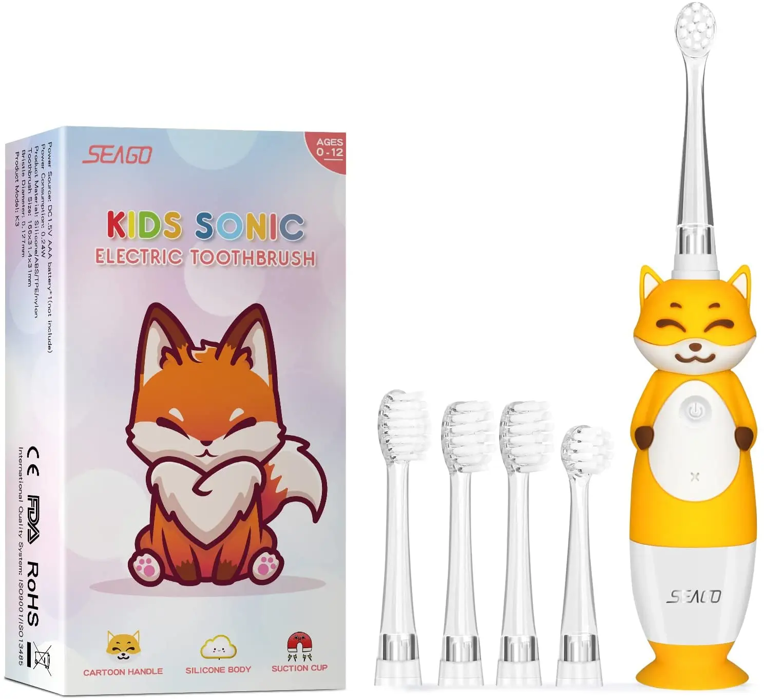 SEAGO Vaikai Sonic Elektros dantų šepetėlį Fox Įdomus Elektriniai dantų šepetėliai Vaikams Elektriniai dantų Šepetėlis su LED Šviesiai Geltona Spalva