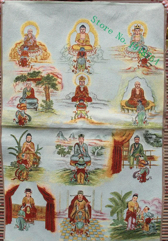 36 colių Kinų Šilko siuvinėjimo 12 Žmonių, Shakyamuni Kwan-yin Thangka Tapyba, Freskos