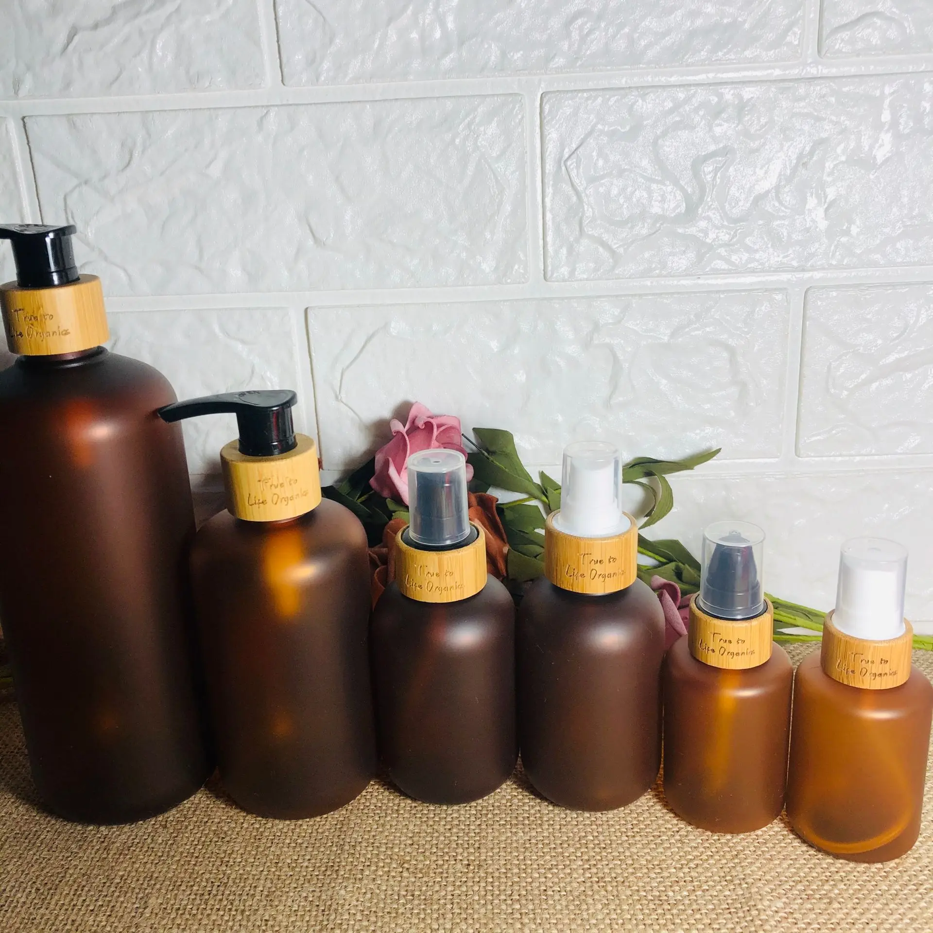 Didmeninė Užsakymą Kosmetikos Pakuotės Gintaro Plastikinių PET Tonner Purškimo Siurblio Buteliai Su Bambuko Dangteliu Dangtelis Šampūnai, Losjonai, Skystų
